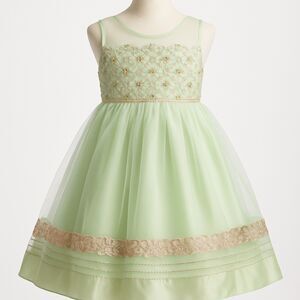 Mint Green Girls Embroidered Tulle Party Dress — Gold Beaded Bodice